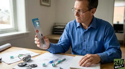 A man wearing glasses and a blue shirt sits at a wooden desk, holding a clear plastic package containing an electric toothbrush. On the desk, there are blueprints, a notebook, two loose toothbrushes, a small electric motor, and several gears. A window is visible in the background on the left.