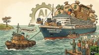 A small Paramount tugboat strains to tow a massive Warner Bros. Discovery ship piled high with heavy sacks of debt and merger costs.