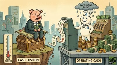 A financial illustration comparing Hormel's thinning cash reserves to General Mills' strong operating cash flow using cartoon mascots.