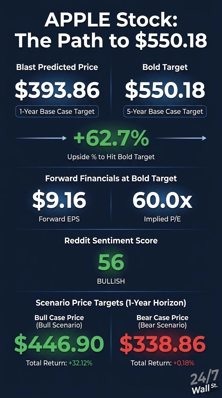 An infographic titled 'APPLE Stock: The Path to $550.18' by 24/7 Wall St. On a dark blue background, it displays stock predictions and financial data in white and green text. Key sections include 'Blast Predicted Price' of $393.86 (1-Year Base Case Target) and 'Bold Target' of $550.18 (5-Year Base Case Target). An arrow indicates a '+62.7%' 'Upside % to Hit Bold Target.' 'Forward Financials at Bold Target' show 'Forward EPS' of $9.16 and 'Implied P/E' of '60.0x'. The 'Reddit Sentiment Score' is 56, labeled 'BULLISH'. 'Scenario Price Targets (1-Year Horizon)' are presented: 'Bull Case Price (Bull Scenario)' is $446.90 with '+32.12%' 'Total Return', and 'Bear Case Price (Bear Scenario)' is $338.86 with '+0.18%' 'Total Return'.