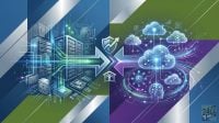 A split-screen graphic showing a server room on the left and a cloud-AI network on the right, connected by a large central arrow.