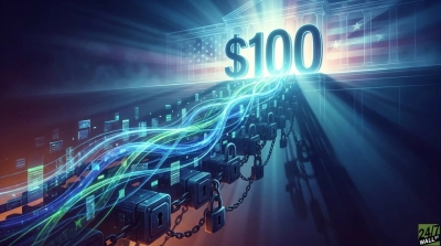 A futuristic digital illustration features glowing blue and green data streams flowing upwards from a series of dark, chained blocks and padlocks. The streams converge on a large, bright $100 currency symbol that radiates light. Behind the $100, a translucent, ghostly outline of a building resembling a bank or government structure, subtly overlaid with the American flag, stands in the background. The overall color scheme is dark blue with vibrant light trails, suggesting digital finance and security.