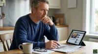 A middle-aged man with gray hair and a beard, wearing a blue sweater, sits at a wooden kitchen table with a contemplative expression, his right hand on his chin. On the table are a white mug, reading glasses, a notebook, a pen, and a newspaper. A tablet in a stand displays a news article with the headline 'I Am the House Now' and an image of a man in a suit. A kitchen background with light cabinetry and a window is visible.