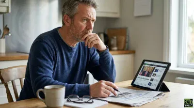 A middle-aged man with gray hair and a beard, wearing a blue sweater, sits at a wooden kitchen table with a contemplative expression, his right hand on his chin. On the table are a white mug, reading glasses, a notebook, a pen, and a newspaper. A tablet in a stand displays a news article with the headline 'I Am the House Now' and an image of a man in a suit. A kitchen background with light cabinetry and a window is visible.