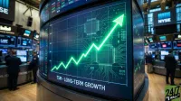A curved digital display board in a stock exchange environment shows a bright green line graph with an upward trend, labeled 'TSM - LONG-TERM GROWTH.' The screen also features a circuit board pattern as a background element. In the blurred background, traders are seen working at desks, and other financial displays, including a 'NYSE' sign, are visible.