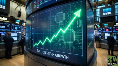A curved digital display board in a stock exchange environment shows a bright green line graph with an upward trend, labeled 'TSM - LONG-TERM GROWTH.' The screen also features a circuit board pattern as a background element. In the blurred background, traders are seen working at desks, and other financial displays, including a 'NYSE' sign, are visible.