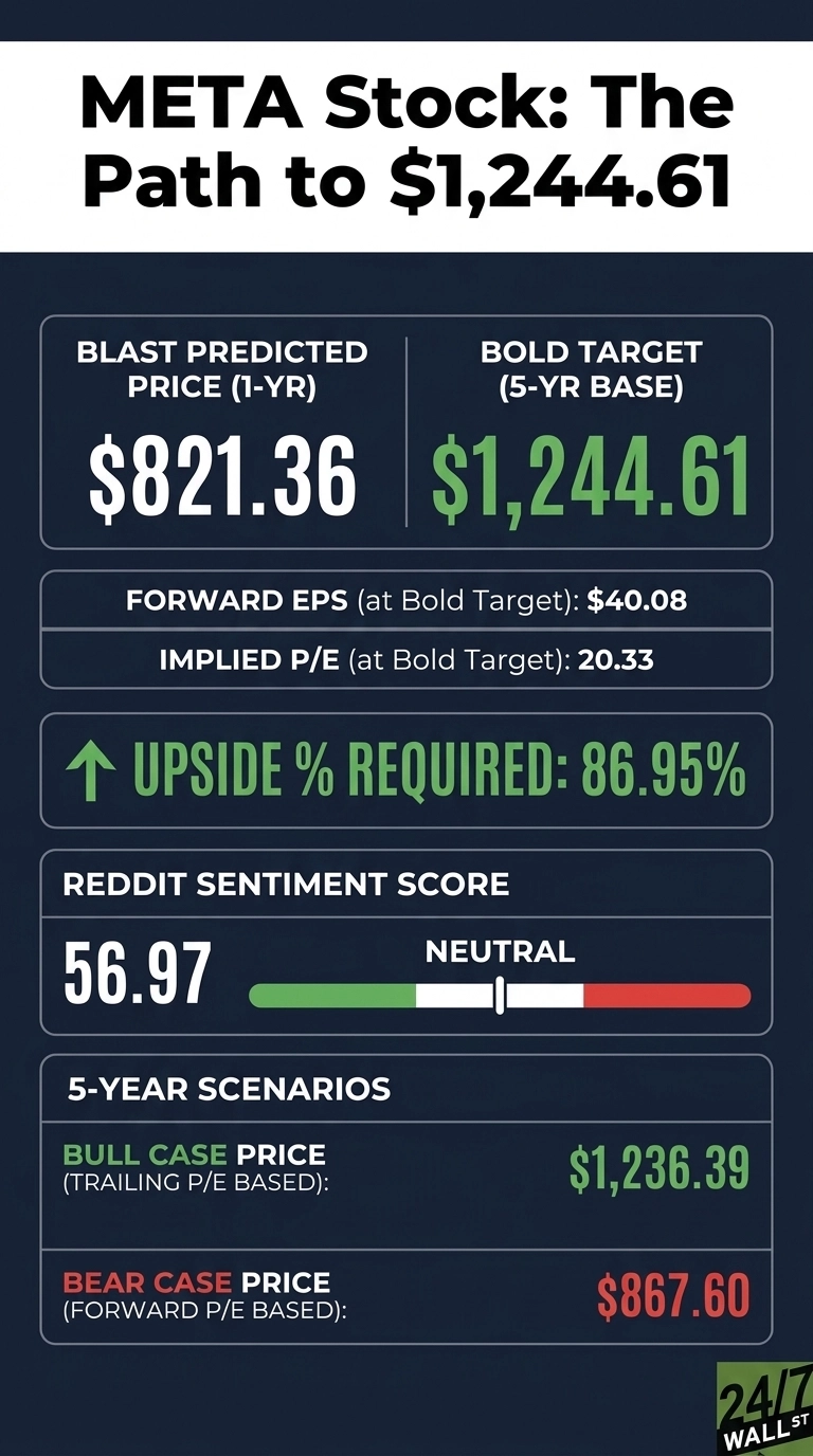 An infographic titled 'META Stock: The Path to $1,244.61' on a dark blue background. It is divided into several sections. The top section shows 'BLAST PREDICTED PRICE (1-YR)' as $821.36 and 'BOLD TARGET (5-YR BASE)' as $1,244.61. Below that, it lists 'FORWARD EPS (at Bold Target): $40.08' and 'IMPLIED P/E (at Bold Target): 20.33'. A prominent section states 'UPSIDE % REQUIRED: 86.95%' with an upward arrow icon. Next, a 'REDDIT SENTIMENT SCORE' of 56.97 is displayed, accompanied by a horizontal bar graphic showing a gradient from green (left) to red (right) with a marker in the middle 'NEUTRAL' white segment. The bottom section, '5-YEAR SCENARIOS', presents a 'BULL CASE PRICE (TRAILING P/E BASED): $1,236.39' in green text and a 'BEAR CASE PRICE (FORWARD P/E BASED): $867.60' in red text. A '24/7 WALL ST' logo is in the bottom right corner.