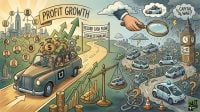 A split illustration showing a successful traditional Uber taxi on a sunny road versus a stormy path filled with driverless cars and question marks.
