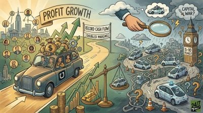 A split illustration showing a successful traditional Uber taxi on a sunny road versus a stormy path filled with driverless cars and question marks.