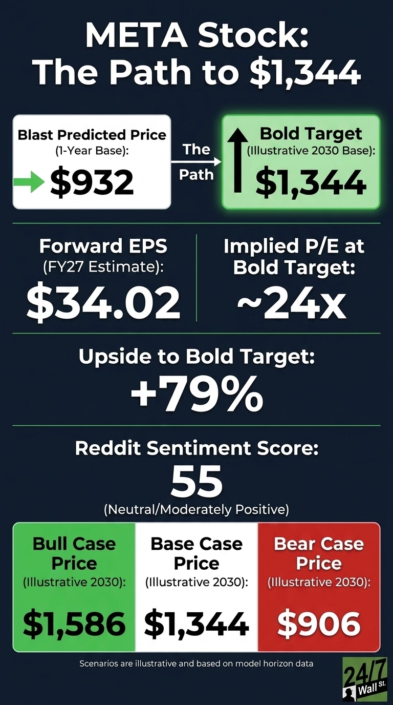 An infographic titled 'META Stock: The Path to $1,344' on a dark blue background. It presents financial data in white, green, and red boxes. A white box shows 'Blast Predicted Price (1-Year Base): $932'. An arrow labeled 'The Path' points to a green box showing 'Bold Target (Illustrative 2030 Base): $1,344'. Below this, 'Forward EPS (FY27 Estimate): $34.02' and 'Implied P/E at Bold Target: ~24x' are displayed. Further down, 'Upside to Bold Target: +79%' is shown, followed by 'Reddit Sentiment Score: 55 (Neutral/Moderately Positive)'. At the bottom, three price scenarios for 2030 are presented: 'Bull Case Price $1,586' in green, 'Base Case Price $1,344' in white, and 'Bear Case Price $906' in red. Small text at the very bottom reads 'Scenarios are illustrative and based on model horizon data'.