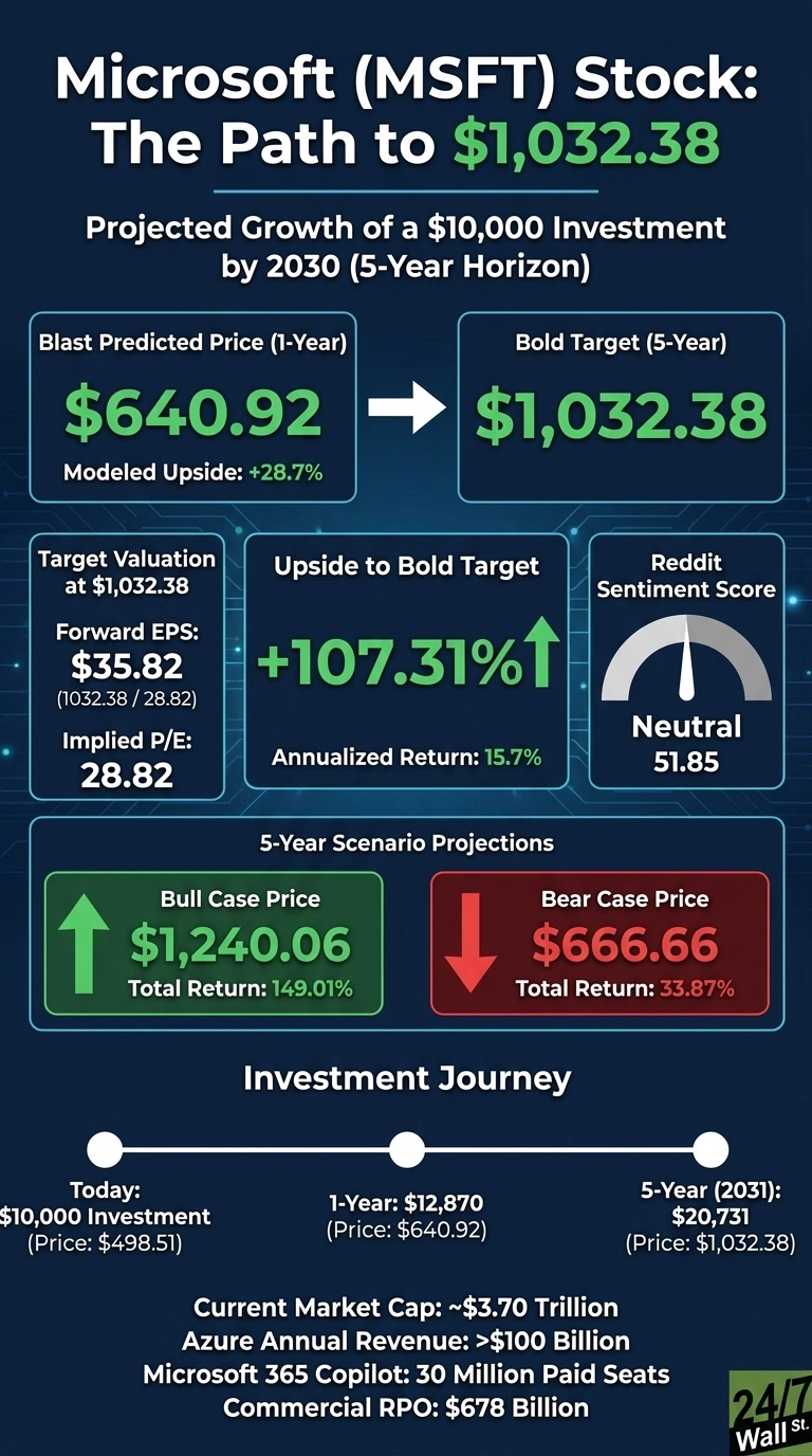 A dark blue infographic titled 'Microsoft (MSFT) Stock: The Path to $1,032.38', with the subtitle 'Projected Growth of a $10,000 Investment by 2030 (5-Year Horizon)'. It features a 'Blast Predicted Price (1-Year)' of $640.92 with 'Modeled Upside: +28.7%' and a 'Bold Target (5-Year)' of $1,032.38, linked by a right arrow. Below this, there are three boxes: 'Target Valuation at $1,032.38' showing 'Forward EPS: $35.82 (1032.38 / 28.82)' and 'Implied P/E: 28.82'; 'Upside to Bold Target' displaying '+107.31%' and 'Annualized Return: 15.7%'; and 'Reddit Sentiment Score' indicating 'Neutral' with a score of '51.85' on a gauge. Further down, under '5-Year Scenario Projections', are two boxes: a green one with an upward arrow for 'Bull Case Price $1,240.06' and 'Total Return: 149.01%', and a red one with a downward arrow for 'Bear Case Price $666.66' and 'Total Return: 33.87%'. The 'Investment Journey' timeline shows 'Today: $10,000 Investment (Price: $498.51)', '1-Year: $12,870 (Price: $640.92)', and '5-Year (2031): $20,731 (Price: $1,032.38)'. At the bottom, additional metrics are listed: 'Current Market Cap: ~$3.70 Trillion', 'Azure Annual Revenue: >$100 Billion', 'Microsoft 365 Copilot: 30 Million Paid Seats', and 'Commercial RPO: $678 Billion'. The '24/7 Wall St.' logo is in the bottom right corner.