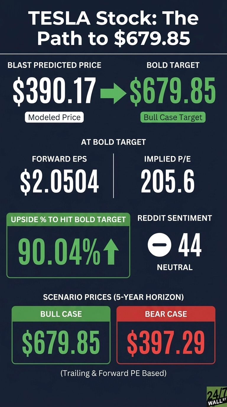 An infographic titled 'TESLA Stock: The Path to $679.85' on a dark blue background. It shows a 'BLAST PREDICTED PRICE' of $390.17, with a green arrow pointing to a 'BOLD TARGET' of $679.85. Below this, it lists 'AT BOLD TARGET' data: 'FORWARD EPS' of $2.0504 and 'IMPLIED P/E' of 205.6. The 'UPSIDE % TO HIT BOLD TARGET' is 90.04% with a green up arrow, next to 'REDDIT SENTIMENT' showing 44 as 'NEUTRAL' with a gray minus symbol. At the bottom, 'SCENARIO PRICES (5-YEAR HORIZON)' are presented: a green box for 'BULL CASE' at $679.85 and a red box for 'BEAR CASE' at $397.29, with a note '(Trailing & Forward PE Based)'.