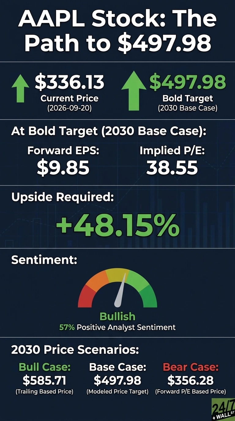 An infographic titled 'AAPL Stock: The Path to $497.98' on a dark blue background with white and green text. It shows Apple's current stock price of $336.13 as of September 20, 2026, and a bold target of $497.98 for 2030, with a green upward arrow. Further details include Forward EPS of $9.85 and an Implied P/E of 38.55 for the 2030 base case. The required upside is +48.15% shown in green. A gauge indicates 'Bullish' sentiment with 57% positive analyst sentiment. Below, 2030 price scenarios are listed: Bull Case at $585.71, Base Case at $497.98, and Bear Case at $356.28. A '24/7 + WALL ST' logo is in the bottom right.
