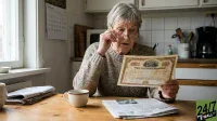 An older woman with short gray hair and glasses sits at a light wooden table, intently holding and looking at an antique 'STOCK CERTIFICATE DELKGROUR' document. Her mouth is slightly open in surprise, and she adjusts her glasses with her right hand. On the table in front of her are a stack of folded newspapers and a white coffee cup. The background shows a bright kitchen with a window on the left and a coffee maker and other kitchen items on a counter.