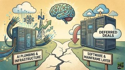 A conceptual illustration of a fork in the road representing the diverging financial paths of AI infrastructure versus traditional software mainframes.