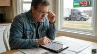 A man wearing a denim jacket and glasses sits at a light wooden table, looking intently at a black tablet that displays a financial graph. Newspapers are spread beneath the tablet. Through a window in the background, a large dark semi-truck drives by, and a green digital sign shows 'DIESEL $5.97' in bright red text.