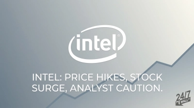A graphic featuring the white Intel logo centered on a gradient background that transitions from light gray to white. Below the logo, white text reads: 'INTEL: PRICE HIKES, STOCK SURGE, ANALYST CAUTION.' A dark gray stylized line graph, indicating an upward trend, is visible across the lower and right portions of the image. The '24/7 WALL ST' logo is located in the bottom right corner.