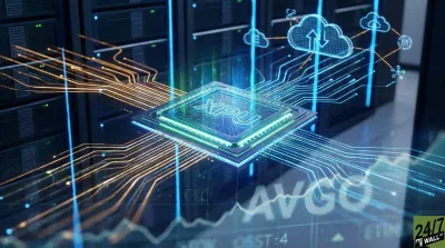 A high-tech digital rendering featuring a prominent, glowing blue and green 'XPU' chip at its core. Intricate blue and orange data lines extend from the chip across a dark, reflective surface, connecting to server racks visible in the background. Overhead, luminous cloud computing icons with upward and downward arrows indicate data flow, linked by fine orange lines. Subtly overlaid in the foreground are financial graphs and the large, translucent letters 'AVGO', conveying themes of technological advancement, data processing, and market dynamics.
