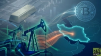 A digitally rendered image featuring a gold bar, two oil pumpjacks, and a glowing Bitcoin coin superimposed over a map of the Middle East with Iran highlighted. Abstract orange and white light trails connect these elements, set against a dark blue background with faint financial charts and numbers.