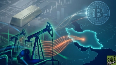 A digitally rendered image featuring a gold bar, two oil pumpjacks, and a glowing Bitcoin coin superimposed over a map of the Middle East with Iran highlighted. Abstract orange and white light trails connect these elements, set against a dark blue background with faint financial charts and numbers.