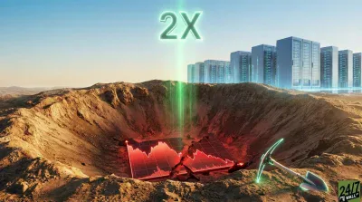 A vast, barren, rocky landscape under a clear blue sky. In the foreground, a large, deep crater holds a glowing red, broken stock chart showing a sharp downward trend. Above the crater, a bright green '2X' symbol emits a beam of light into the broken chart. In the background, a series of modern, sleek server racks or data center buildings stand, emitting faint blue light. A glowing green pickaxe rests on the crater's edge to the right.