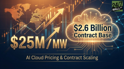 A graphic depicting global financial and technological growth. On the left, large golden text displays '$25M/MW' with two upward-pointing arrows. On the right, a glowing cloud icon, resembling a circuit board, contains the text '$2.6 Billion Contract Base'. The background features a dotted world map overlaid with blue bar charts, orange candlestick graphs, and network lines. At the bottom, the text 'AI Cloud Pricing & Contract Scaling' is visible. A '24/7 WALL ST' logo is in the top right corner.