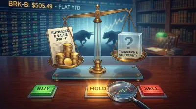 A detailed digital illustration features a prominent brass weighing scale centered on a polished dark wooden surface. The left scale pan holds stacks of golden coins and a white paper titled 'BUYBACKS & VALUE (P/B ~1)'. The right pan contains a glowing, translucent cube with a large question mark and the text 'TRANSITION & UNCERTAINTY'. In the background, a large digital display shows 'BRK-B: $505.49 - FLAT YTD' and other stock data. Silhouettes of a bull and a bear are visible between the screen and the scale, and a dimly lit library with bookshelves is to the right. In the foreground, three large, illuminated buttons read 'BUY' (green), 'HOLD' (yellow), and 'SELL' (red). A magnifying glass magnifying a stock chart showing values from $464 to $537 is placed next to the 'HOLD' button.