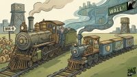 An illustration of two steam trains labeled BRK-B and MKL racing on tracks toward Wall Street as their smoke forms financial charts.