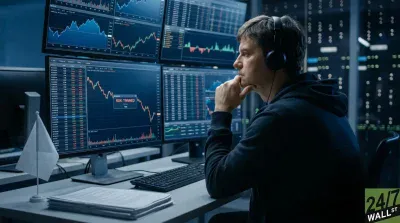 A man with dark hair and headphones sits at a desk, looking intently at multiple dark-themed computer monitors displaying blue, green, and red financial charts and data. His right hand is resting on his chin. On the desk, to his left, is a small white flag and a stack of white papers. A keyboard is visible in front of him. The background is dimly lit with server racks or similar equipment.