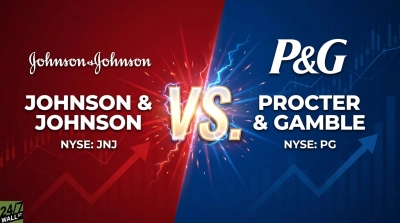 A dynamic graphic split into two halves, red on the left and blue on the right, with a large, glowing gold 'VS' symbol at the center, surrounded by lightning. The left red section features the Johnson & Johnson logo in script, followed by 'JOHNSON & JOHNSON' in bold text, and 'NYSE: JNJ' below, set against a background of red stock charts and an upward arrow. The right blue section displays the P&G logo, 'PROCTER & GAMBLE' in bold text, and 'NYSE: PG' below, against a backdrop of blue stock charts and an upward arrow. The '24/7 WALL ST' logo is visible in the bottom-left corner.