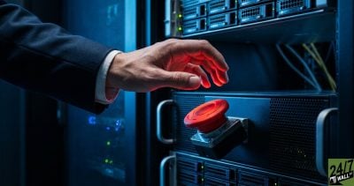 A red emergency button is a universal visual shorthand for 'danger' or 'stop,' creating an immediate 'pattern interrupt' for users scrolling through financial news. The tension between the professional suit and the industrial button emphasizes the gravity of the decision.