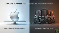 A split-screen image titled 'APPLE VS. ALPHABET: THE 'WRECKED' BALANCE SHEET DEBATE'. The left side features a polished, metallic Apple logo on a clean pedestal against a bright, light blue background, with the text 'APPLE: PRISTINE BALANCE SHEET'. The right side shows a distressed, metallic 'Alphabet' logo resting on cracked, rocky ground, surrounded by server racks and a tangled network of dark cables against a dark, warm orange-brown background. The text on this side reads 'ALPHABET: 'WRECKED' DEBT'. A '24/7 WALL ST' logo is in the bottom right corner.