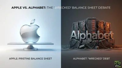 A split-screen image titled 'APPLE VS. ALPHABET: THE 'WRECKED' BALANCE SHEET DEBATE'. The left side features a polished, metallic Apple logo on a clean pedestal against a bright, light blue background, with the text 'APPLE: PRISTINE BALANCE SHEET'. The right side shows a distressed, metallic 'Alphabet' logo resting on cracked, rocky ground, surrounded by server racks and a tangled network of dark cables against a dark, warm orange-brown background. The text on this side reads 'ALPHABET: 'WRECKED' DEBT'. A '24/7 WALL ST' logo is in the bottom right corner.