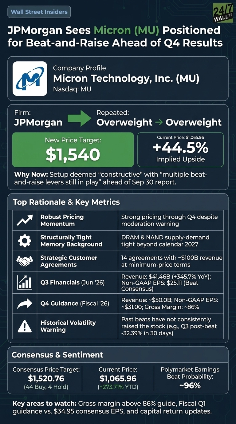 An infographic on a dark background details JPMorgan's analysis of Micron Technology (MU). The top section presents the Micron logo and company profile, identifying Micron Technology, Inc. (MU) on Nasdaq. Below, JPMorgan's 'Overweight' rating is displayed with a new price target of $1,540, significantly above the current price of $1,065.96, representing a +44.5% implied upside. A section titled 'Top Rationale & Key Metrics' lists reasons for the rating, including Robust Pricing Momentum, Structurally Tight Memory Background, Strategic Customer Agreements, Q3 Financials (June '26) showing $41.46B revenue and $25.11 EPS, and Q4 Guidance (Fiscal '26) projecting ~$50.0B revenue and ~$31.00 EPS, along with a Historical Volatility Warning. The 'Consensus & Sentiment' section provides a Consensus Price Target of $1,520.76, a Current Price of $1,065.96, and a Polymarket Earnings Beat Probability of ~96%. Key areas to watch are outlined at the bottom.