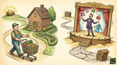 A split-screen cartoon comparing a steady worker collecting gold coins with a shopping cart versus a magician juggling clothes and handbags on a stage.