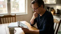 A middle-aged man with neatly styled grey hair and glasses sits at a light brown wooden kitchen table, looking intently at a white tablet he holds with both hands. His left hand is raised to his chin, suggesting deep thought or concern. He wears a dark blue henley shirt. To his left, an empty, stained white coffee mug sits beside a stack of papers. In the blurred background, a window overlooks a residential area, and to the right, a modern kitchen with white cabinets and stainless steel appliances is visible.