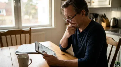 A middle-aged man with neatly styled grey hair and glasses sits at a light brown wooden kitchen table, looking intently at a white tablet he holds with both hands. His left hand is raised to his chin, suggesting deep thought or concern. He wears a dark blue henley shirt. To his left, an empty, stained white coffee mug sits beside a stack of papers. In the blurred background, a window overlooks a residential area, and to the right, a modern kitchen with white cabinets and stainless steel appliances is visible.