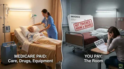 A split image illustrates Medicare coverage versus out-of-pocket costs for hospice care. The left side shows a nurse with an elderly patient in a hospital bed, with an IV drip and oxygen concentrator, under text 'MEDICARE PAID: Care, Drugs, Equipment'. The right side shows a woman with her head in her hands, holding a $10,000 invoice, next to an empty hospital bed, with a large invoice stamped 'NOT COVERED: ROOM & BOARD' in the background, under text 'YOU PAY: The Room'.