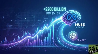 A futuristic digital graphic on a dark blue background with a subtle world map overlay. A prominent financial chart features glowing purple and blue bar graphs and a sharp upward trendline. Text in the upper left corner reads '+ $200 BILLION META $741.25'. On the right, a stylized brain containing the Meta infinity logo is labeled 'MUSE AI AGENT', with the ChatGPT logo positioned beneath it. A bright, swirling blue light path visually connects these AI elements to the rising stock market graph, conveying rapid growth. The 24/7 Wall St logo is in the bottom right corner.