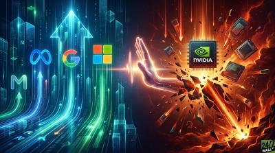 A conceptual split image showing contrasting market trends for tech companies. The left side is a vibrant blue and green digital landscape with upward-flowing data and arrows, featuring the logos for Meta (infinity symbol), Google (colorful G), and Microsoft (four squares). The right side is a fiery, explosive scene with scattered computer chips and a prominent Nvidia logo amidst orange and red turbulent energy, symbolizing disruption. A glowing, translucent hand and a pulsating line bridge the two halves.