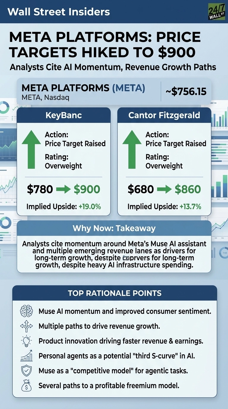 An infographic titled 'META PLATFORMS: PRICE TARGETS HIKED TO $900' displays information about Meta Platforms (META), currently trading at approximately $756.15. It shows two analyst boxes: KeyBanc raised its price target from $780 to $900, with an 'Overweight' rating and implied upside of +19.0%. Cantor Fitzgerald raised its target from $680 to $860, also with an 'Overweight' rating and implied upside of +13.7%. A 'Why Now: Takeaway' section explains that analysts cite momentum around Meta's Muse AI assistant and multiple emerging revenue lanes as drivers for long-term growth. The 'TOP RATIONALE POINTS' list six reasons: Muse AI momentum and improved consumer sentiment, multiple paths to drive revenue growth, product innovation driving faster revenue & earnings, personal agents as a potential 'third S-curve' in AI, Muse as a 'competitive model' for agentic tasks, and several paths to a profitable freemium model.
