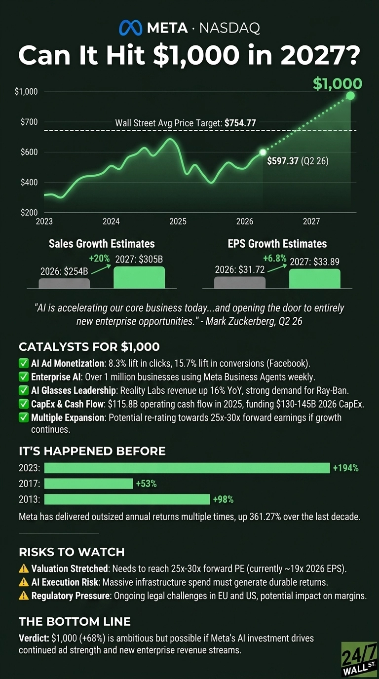 An infographic titled 'Can It Hit $1,000 in 2027?' for Meta (NASDAQ:META). A line graph shows historical and projected stock prices from 2023 to 2027, with a target of $1,000 in 2027 and a Wall Street Avg Price Target of $754.77. Below the graph are bar charts for Sales Growth Estimates (2026: $254B, 2027: $305B, +20%) and EPS Growth Estimates (2026: $31.72, 2027: $33.89, +6.8%). Text sections detail catalysts for reaching $1,000, past performance including annual returns up to +194% in 2023, risks to watch like valuation and regulatory pressure, and a bottom line verdict.