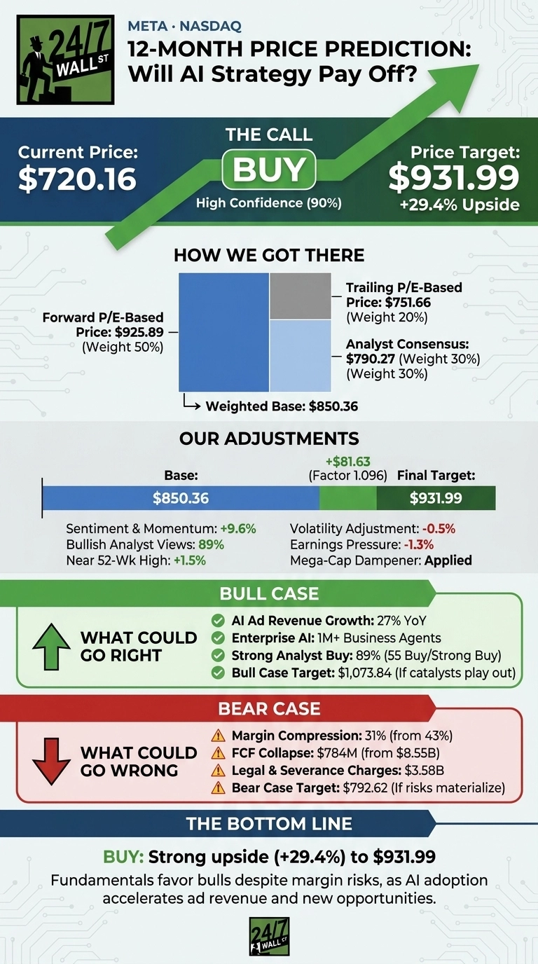 An infographic by 24/7 Wall St. presenting a 12-month price prediction for Meta (NASDAQ:META). It features a 'BUY' call with a High Confidence (90%), a current price of $720.16, and a price target of $931.99, indicating a +29.4% Upside, depicted by a green arrow. A section titled 'How We Got There' shows Forward P/E-Based Price: $925.89 (Weight 50%), Trailing P/E-Based Price: $751.66 (Weight 20%), and Analyst Consensus: $790.27 (Weight 30%), leading to a Weighted Base: $850.36. 'Our Adjustments' details a Base: $850.36, with +$81.63 (Factor 1.096) leading to a Final Target: $931.99. Specific adjustments include Sentiment & Momentum: +9.6%, Bullish Analyst Views: 89%, Near 52-Wk High: +1.5%, Volatility Adjustment: -0.5%, Earnings Pressure: -1.3%, and Mega-Cap Dampener: Applied. The 'Bull Case' section lists 'What Could Go Right' with AI Ad Revenue Growth: 27% YoY, Enterprise AI: 1M+ Business Agents, Strong Analyst Buy: 89% (55 Buy/Strong Buy), and a Bull Case Target: $1,073.84 (If catalysts play out). The 'Bear Case' section lists 'What Could Go Wrong' with Margin Compression: 31% (from 43%), FCF Collapse: $784M (from $8.55B), Legal & Severance Charges: $3.58B, and a Bear Case Target: $792.62 (If risks materialize). The 'The Bottom Line' states 'BUY: Strong upside (+29.4%) to $931.99. Fundamentals favor bulls despite margin risks, as AI adoption accelerates ad revenue and new opportunities.'
