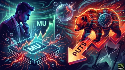 A vibrant digital illustration shows a man in a suit on the left, looking intently at a microchip labeled 'MU' that glows with blue and red circuits. Behind him, a green stock chart trends upwards against a background of financial data. On the right, a large, stylized red bear stands on a downward-pointing orange arrow labeled 'PUTS'. A stopwatch is embedded on the bear's back, and a cracked, exploding bubble is in the center, between the man and the bear. An hourglass is visible in the bottom right corner, suggesting time sensitivity. The overall atmosphere is intense and high-tech, set against a dark, glowing background.