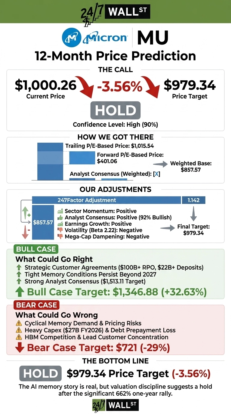 An infographic titled 'Micron MU 12-Month Price Prediction' with a white background and green and red accents. It displays a 'Hold' recommendation for MU stock with a current price of $1,000.26, a -3.56% change, and a price target of $979.34, with a high (90%) confidence level. Sections include 'How We Got There' showing Trailing P/E-Based Price of $1,015.54 and Forward P/E-Based Price of $401.06, leading to a Weighted Base of $857.57. 'Our Adjustments' apply a 247Factor Adjustment of 1.142 to reach the Final Target of $979.34, listing factors like Sector Momentum (Positive) and Volatility (Negative). 'Bull Case' scenarios suggest a target of $1,346.88 (+32.63%), while 'Bear Case' scenarios indicate a target of $721 (-29%). The bottom line reiterates the 'Hold' and $979.34 Price Target (-3.56%).
