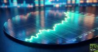The visual contrast of a physical semiconductor wafer reflecting an abstract financial chart immediately signals 'market potential' to investors, highlighting the gap between hardware reality and stock valuation.