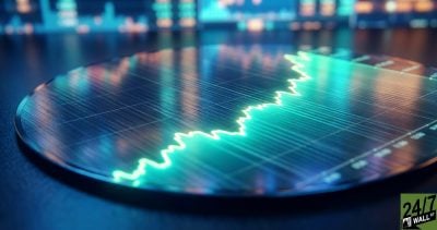 The visual contrast of a physical semiconductor wafer reflecting an abstract financial chart immediately signals 'market potential' to investors, highlighting the gap between hardware reality and stock valuation.