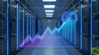 A digitally rendered image depicting a long data center aisle with rows of server racks glowing with blue lights. In the foreground, a translucent screen displays a neon blue and purple line graph trending sharply upwards, culminating in a large blue Meta (infinity loop) logo at the top right. The floor is tiled, and the ceiling has fluorescent lighting. A 24/7 Wall St logo is visible in the bottom right corner.