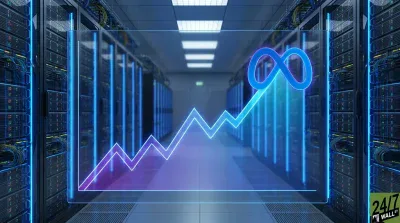 A digitally rendered image depicting a long data center aisle with rows of server racks glowing with blue lights. In the foreground, a translucent screen displays a neon blue and purple line graph trending sharply upwards, culminating in a large blue Meta (infinity loop) logo at the top right. The floor is tiled, and the ceiling has fluorescent lighting. A 24/7 Wall St logo is visible in the bottom right corner.