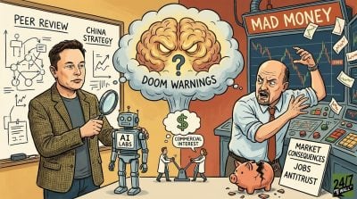 An editorial cartoon depicting Elon Musk and Jim Cramer on opposite sides of a central cloud containing an angry brain and the words 'Doom Warnings' and 'Commercial Interest.'